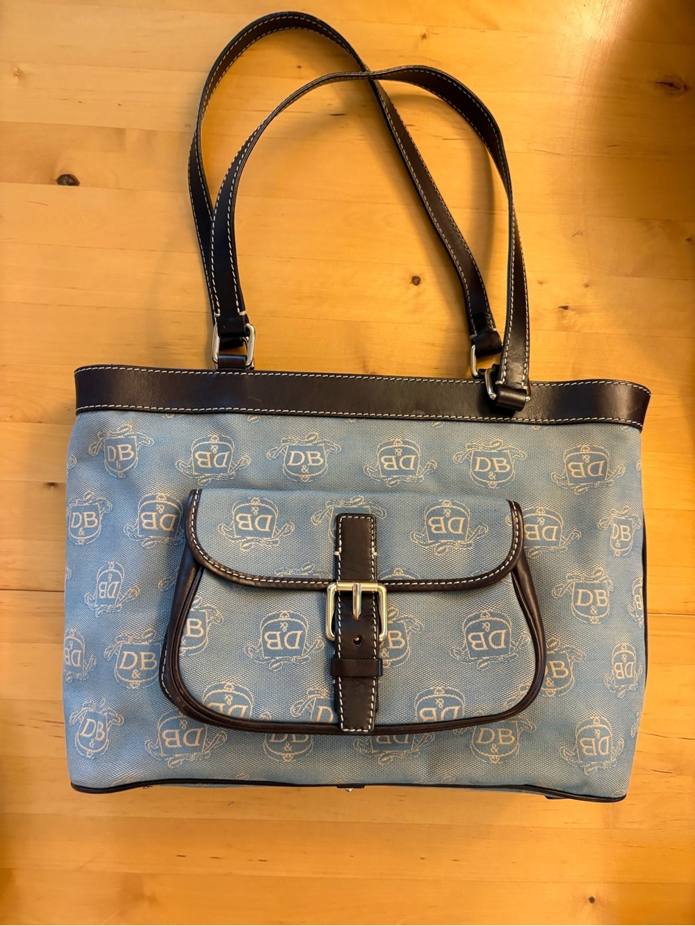 Dooney & Bourke DB Crest Denim / Jacquard Pocket Tote Blue Brown Leather Bag
